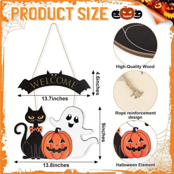 Pumpkin Black Cat Wreaths Sign Hanging for Home Wall Decor Front Door Sign - Picture 7 of 8